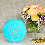 Hand Embroidered Round Jewelry Case in turquoise with brown lettering