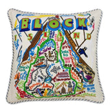 Block Island hand embroidered pillow with blue ticking