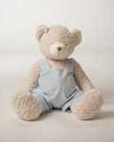 Teddy bear with blue striped overalls.