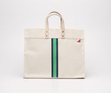 Natural cotton canvas tote with navy and green stripe and leather  handles 