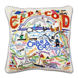 Cape Cod hand embroidered pillow with blue ticking