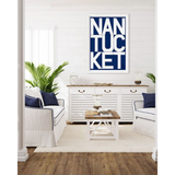 Framed Nantucket print with navy background and white letters
