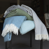 Light grey, sky blue and lagoon Herringbone Blanket with fringe.