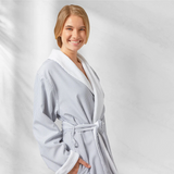 White and grey seersucker robe