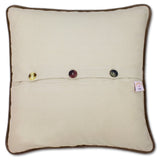 back of pillow with three button closure and brown velvet piping