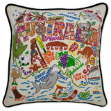 Australia hand embroidered pillow with black velvet piping