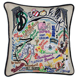 Brooklyn hand embroidered pillow with black velvet piping