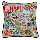 Charleston hand embroidered pillow with black velvet piping