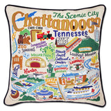 Chattanooga hand embroidered pillow with black velvet piping
