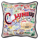 Columbus hand embroidered pillow with black velvet piping