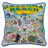 Daytona Beach hand embroidered pillow with turquoise velvet piping