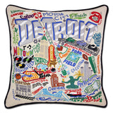 Detroit hand embroidered pillow with black velvet piping