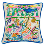 Emerald Coast hand embroidered pillow with turquoise velvet piping