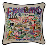 England hand embroidered pillow with black velvet piping
