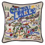 Great Lakes hand embroidered pillow with black velvet piping