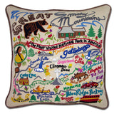 Great Smoky Mountains hand embroidered pillow with brown velvet piping
