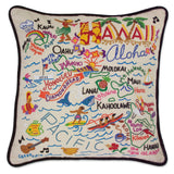 Hawaii hand embroidered pillow with black velvet piping