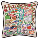Hudson Valley hand embroidered pillow with black velvet piping