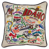 Idaho hand embroidered pillow with black velvet piping