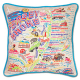 Jersey Shore hand embroidered pillow with turquoise velvet piping
