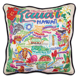 Kauai hand embroidered pillow with black velvet piping