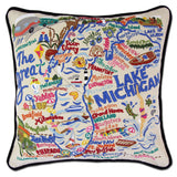 Lake Michigan hand embroidered pillow with black velvet piping