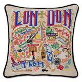 London hand embroidered pillow with black velvet piping