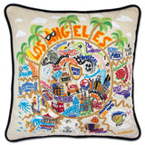Los Angeles hand embroidered pillow with black velvet piping