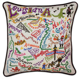 Louisiana hand embroidered pillow with black velvet piping