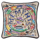 Memphis hand embroidered pillow with black velvet piping