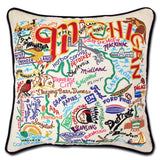 Michigan hand embroidered pillow with black velvet piping