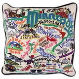 Minnesota hand embroidered pillow with black velvet piping