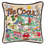 Mississippi Coast hand embroidered pillow with black velvet piping
