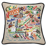 Mississippi hand embroidered pillow with black velvet piping