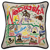 Nebraska hand embroidered pillow with black velvet piping