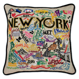 New York hand embroidered pillow with black velvet piping