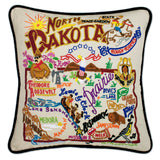 North Dakota hand embroidered pillow with black velvet piping