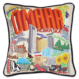 Omaha hand embroidered pillow with black velvet piping