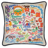 Orange County hand embroidered pillow with black velvet piping