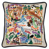 Oregon hand embroidered pillow with black velvet piping