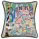 Outer Banks hand embroidered pillow with black velvet piping