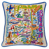 Palm Beach hand embroidered pillow with turquoise velvet piping