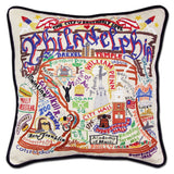 Philadelphia hand embroidered pillow with black velvet piping