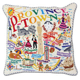 Provincetown hand embroidered pillow with blue ticking