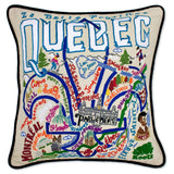 Quebec hand embroidered pillow with black velvet piping
