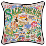 Sacramento hand embroidered pillow with black velvet piping