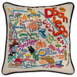 San Diego hand embroidered pillow with black velvet piping