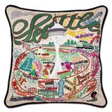 Seattle hand embroidered pillow with black velvet piping