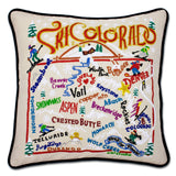 Ski Colorado hand embroidered pillow with black velvet piping