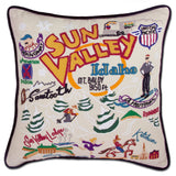 Sun Valley Idaho hand embroidered pillow with black velvet piping